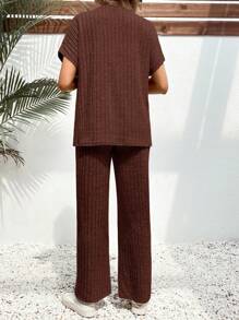 SHEIN 2pcs Maternity Solid Color Crew Neck Short Sleeve Ribbed T-Shirt And Pants Casual Set - Coffee Brown - View 2