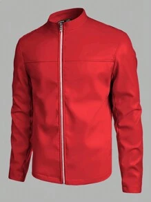 Manfinity VCAY Men's Casual Solid Color Stand Collar Leather Jacket, Autumn - Red - View 3