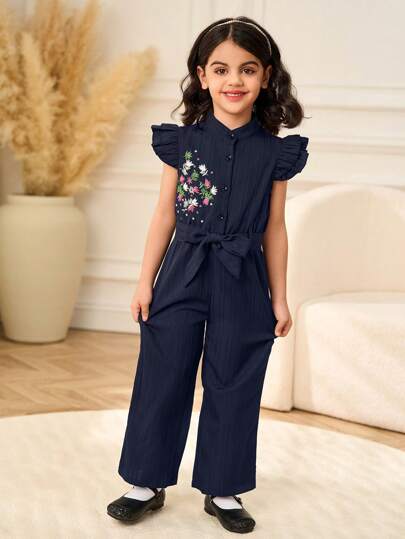 年轻女孩无袖纯色腰部系带蝴蝶和花卉印花连体裤