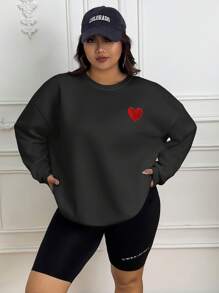 INAWLY Plus Heart Print Drop Shoulder Sweatshirt, For Winter - Black - View 3