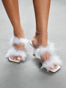 CUCCOO SZL Damen spitze Zehen Flauschige Absatzschuhe, sexy Party High Heels, weiße Office Lady Kleid Sandalen für Party, Hochzeit - Weiss - Übersicht 1