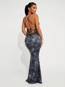 SHEIN SXY Damen Botanik Muster rückenfreies Kleid mit Bindedetail und Fishtail-Saum, figurbetont