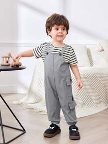 SHEIN Casual Sports Stylish Pockets Letter Printed Overalls For Toddler Boys/Girls, Suitable For Spring & Summer Wear, Indoor & Outdoor - Grey - View 1