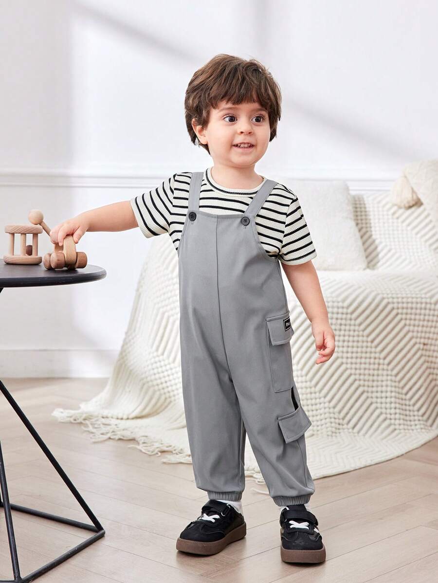 SHEIN Casual Sports Stylish Pockets Letter Printed Overalls For Toddler Boys/Girls, Suitable For Spring & Summer Wear, Indoor & Outdoor - Grey - View 1