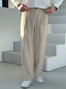DAZY 男士褶皱口袋直筒纯色休闲西装裤，秋季服装 - 卡其色 - 查看 7
