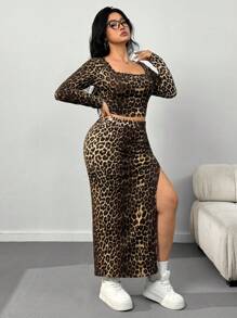 CovetEZ Plus Size Leopard Print T-Shirt + Long Skirt 2 Pieces Set, Spring - Multicolor - View 1