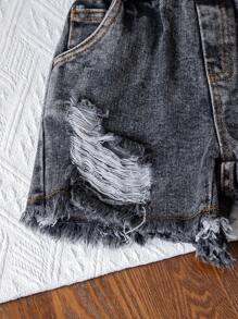 SHEIN 2 件年轻女孩印花可爱图案灰色 T 恤 + 黑色破洞牛仔短裤，休闲街头风格服装 - 灰色 - 查看 8