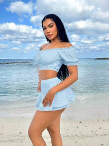SHEIN SXY Beach;Summer Vacation Outfits Princess Sleeves Ruffle Holiday White Two Pieces Set - Baby Blue - View 6
