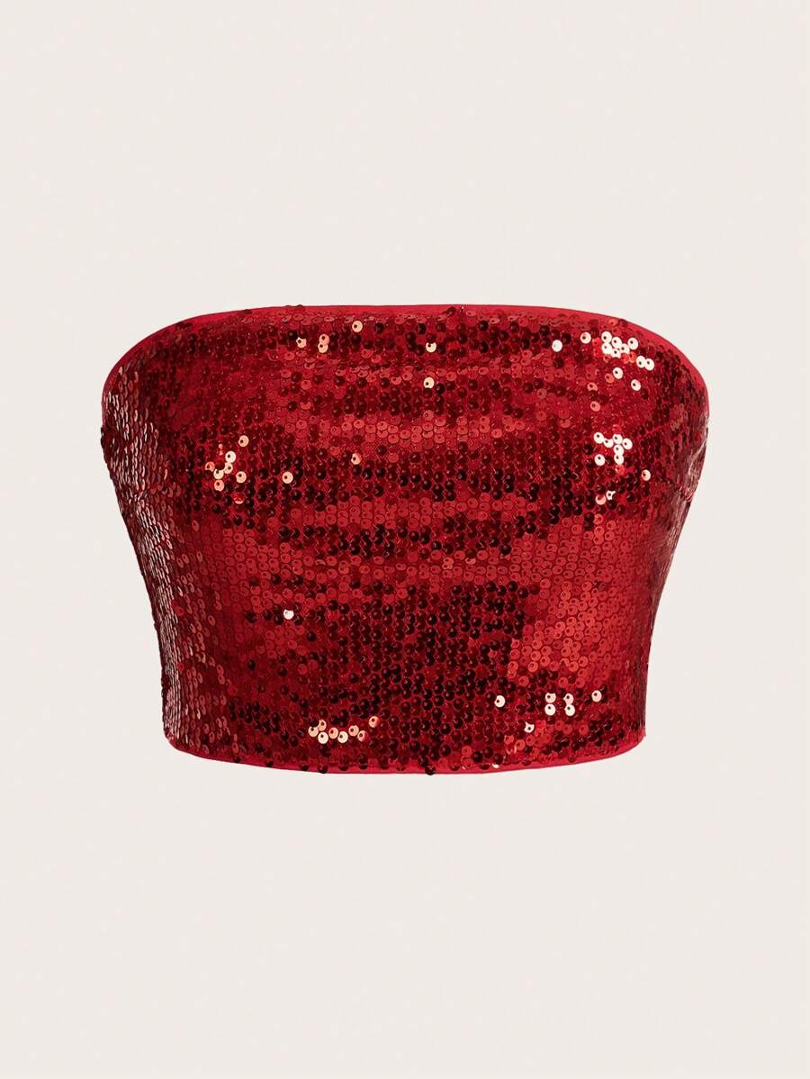 SHEIN ICON Women's Solid Color Sequin Glamorous Strapless Chic Blouse Top - Red - View 1