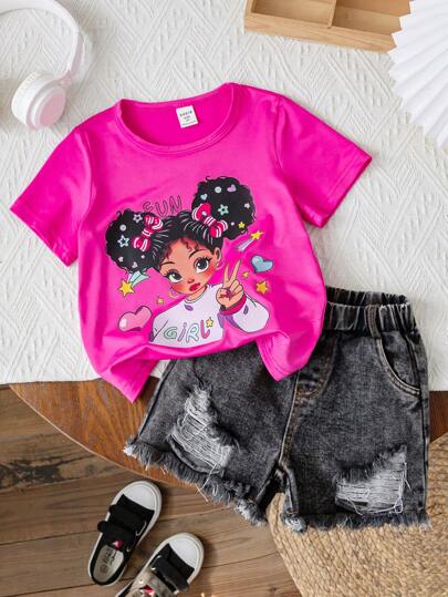 SHEIN 2 件套年轻女孩休闲卡通印花短袖上衣和破洞牛仔短裤套装