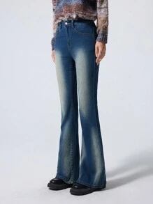 LYSMO Women's Retro Washed Fitted Flare Leg Jeans - Blue - View 3