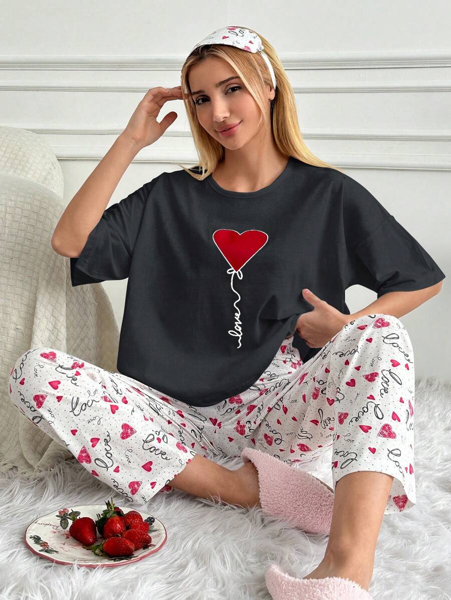 RueChic Women Love Print Pajama Set Simple Fashionable Daily - Black - View 1