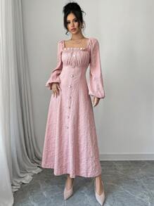 Modelyn 女士方领荷叶边灯笼袖纽扣装饰优雅长裙 - 粉色 - 查看 3