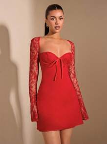 SHEIN BAE 长袖蕾丝拼色圆领连衣裙，甜美约会休闲装，派对/聚会装，秋季 - 紅色 - 查看 4