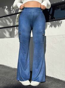 SHEIN EZwear 大码女装、女式西装、瑜伽喇叭裤、非牛仔效果、工装裤、瑜伽喇叭裤、高腰裤、印花针织喇叭裤、冬裤 - 深色水洗藍 - 查看 4