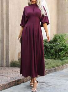 SHEIN Clasi Women's Middle East Style Casual Vacation Commute Front Waist Shirred Gathered Sleeve Dress, Spring/Summer/Autumn