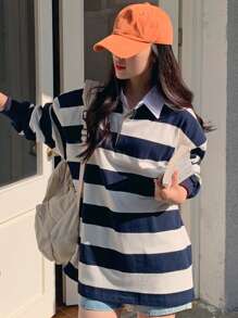 DAZY 女式宽松宽条纹 Polo 领休闲街头 T 恤，秋季服装长袖女式上衣 - 藏蓝色 - 查看 3