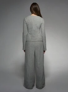 MISSGUIDED Ribbed Knit Cardigan Wide Leg Loungewear Set Cozy Winter Lounge Set Knitted Two Piece Long Sleeve Lounging Pants Relaxed Fit Living Room Ensemble