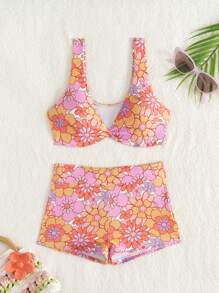 Swim SPRTY Summer 2pcs/Set Women's Multicolor Print Random Twist Knot V-Neck Top And Boyshort Swimwear Cute Bikini Set