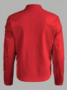 Manfinity VCAY Men's Casual Solid Color Stand Collar Leather Jacket, Autumn - Red - View 2