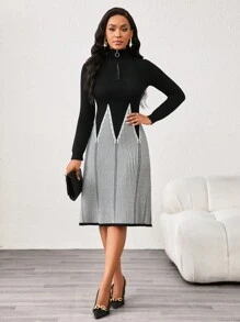 SHEIN Lady Black Geometric Print Zipper Embellished A-Hem Women's Sweater Dress - Multicolor - View 4