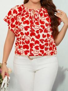 SHEIN Clasi Plus Size Valentine's Day Heart Print Tie-Neck Blouse For Summer - Red and White - View 7