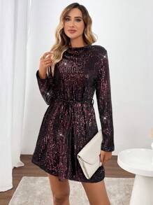 SHEIN LUNE 优雅亮片点缀白色迷你女式连衣裙，适合圣诞派对、家庭聚会、冬季机场装 - 酒紅色 - 查看 6