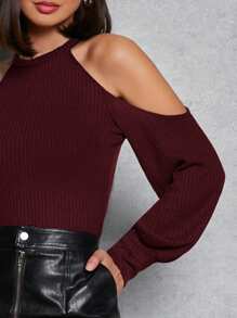Firerie Women Solid Color Off Shoulder Long Sleeve Rib Casual T-Shirt, Autumn - Burgundy - View 4