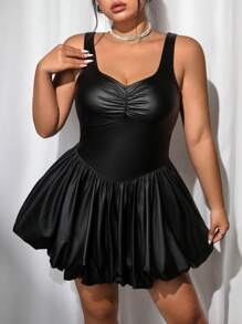 SHEIN ICON ICON 加大码女式无袖方领 PU 泡泡裙、圣诞装、派对礼服 - 黑色 - 查看 1