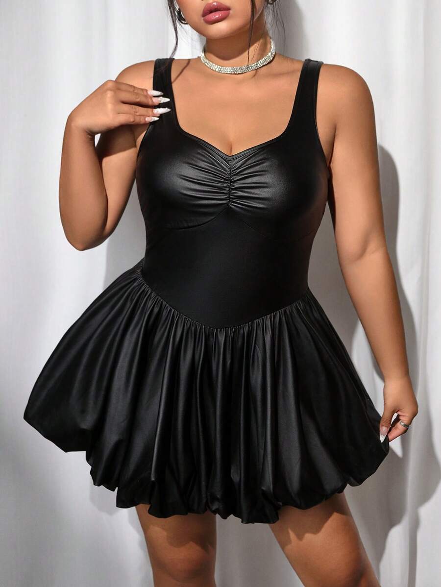 SHEIN ICON ICON 加大码女式无袖方领 PU 泡泡裙、圣诞装、派对礼服 - 黑色 - 查看 1