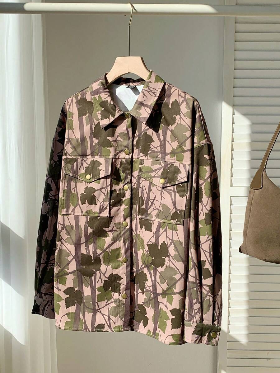 SHEIN EZwear Women's Street Style Tree Branch Patterned Turndown Collar Loose Long Sleeve Shirt Jacket - Green - View 1