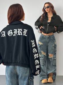 Coolane Women's Fall/Winter Gothic Word Zip Up Baggy Collar Jacket - Black - View 3