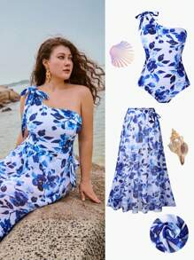Swim Oasis Plus Size Jednoczęściowy kostium kąpielowy z nadrukiem kwiatowym na jedno ramię + narzutka, 2 sztuki, zestaw letni