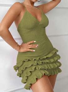 SHEIN SXY Summer Beach Vacation Flouncing Hem Backless Halter Loose Knit Dress - Olive Green - View 5