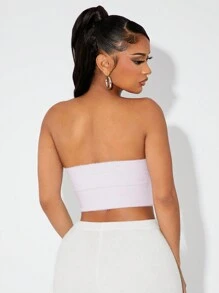 SHEIN SXY 毛绒蝴蝶结缎带抹胸上衣（粉色），秋冬款 - 粉色 - 查看 2