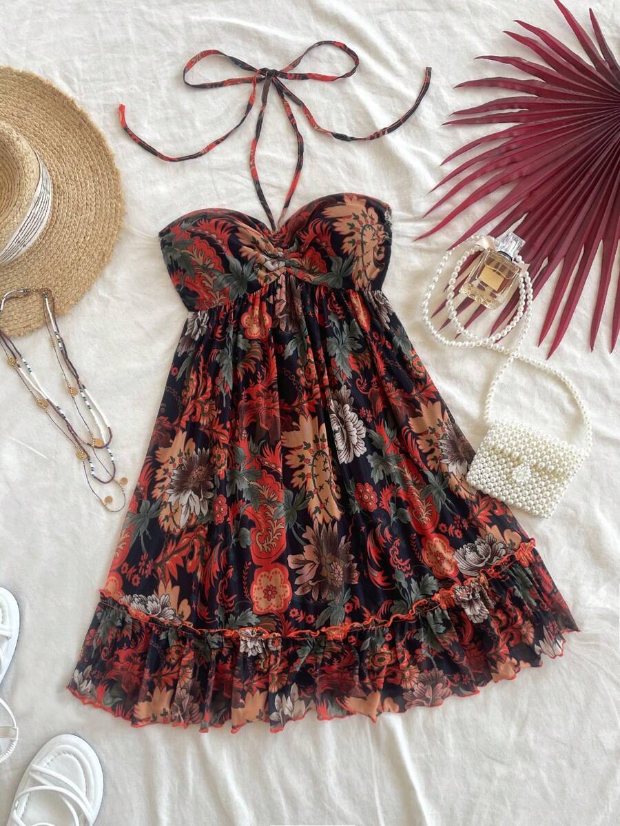 Soleia Women's Holiday Hippie Music Festival Floral Print Ruffle Hem Comfortable A-Line Casual Dress - Black - View 1