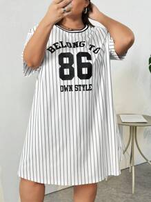 SHEIN CURVE+ Plus Size Loose Sports Letter Dress For Summer - Black and White - View 3