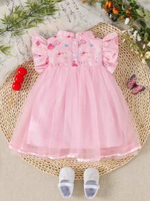 SHEIN Baby Girls Spring Pink Elegant & Cute Digital Print Soft Silk-Like Fabric Ruffled Collar Sleeveless Flared Dress, Suitable For Staying Home In Chinese Style