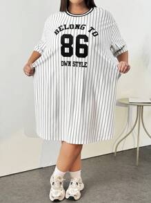 SHEIN CURVE+ Plus Size Loose Sports Letter Dress For Summer - Black and White - View 7