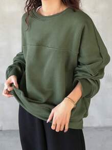 FRIFUL Women's Autumn Dropped Shoulder Long Sleeve Casual Contrast Seam Loose Sweatshirt - Army Green - View 4