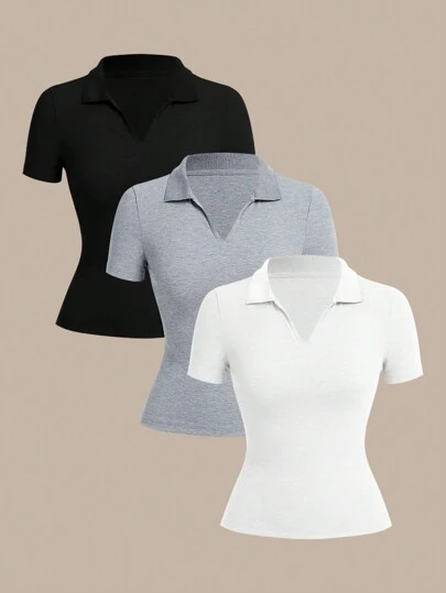 SHEIN BASICS 休闲纯色针织短袖修身女式 T 恤