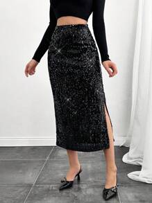SHEIN Tall High Waist Sequin Detailed Skirt With Split - Black - View 1