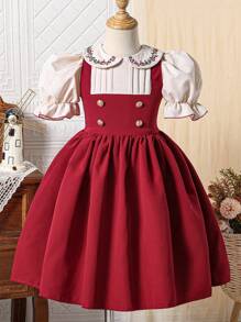SHEIN Explorewe Young Girl Floral Embroidered Ruffle Collar Short Puff Sleeve 2 In 1 Cute Dress - Burgundy - View 1