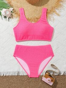 Tween Girl Ruffled Minimalist 2Pcs Swimwear Set - Hot Pink - View 3