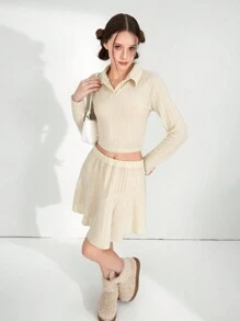 SHEIN Explorewe 2 件套优雅甜美杏色女孩短款上衣和分层裙子，V 领，青少年休闲装