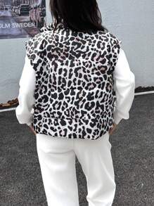 Flirla 1 pieza Abrigo sin mangas acolchado con estampado de leopardo, ropa casual para invierno