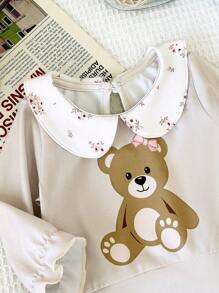 SHEIN BABY Girl Cute Bear Print Sweatshirt With Peter Pan Collar And Floral Pants 2-Piece Infant Toddler Fall Winter Outfits Set - Apricot - View 7