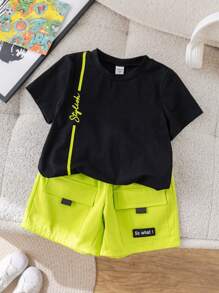 SHEIN Conjunto de 2 piezas para niños pequeños: Camiseta de cuello redondo casual y pantalones cortos tipo cargo verde neón, apto para primavera/verano, ideal para uso diario, deportes, salidas, escuela, reuniones, festivales, actuaciones y sesiones fotográficas