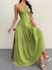 SHEIN Privé Women's Crinkled Halter Backless Dress With Tie Back, Suitable For Vacation, Wedding, Ceremony,Sun Dress