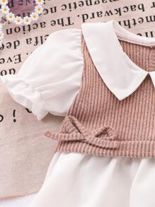 SHEIN 女婴时尚二合一短袖上衣 + 喇叭裤套装，夏季 - 卡其色 - 查看 3